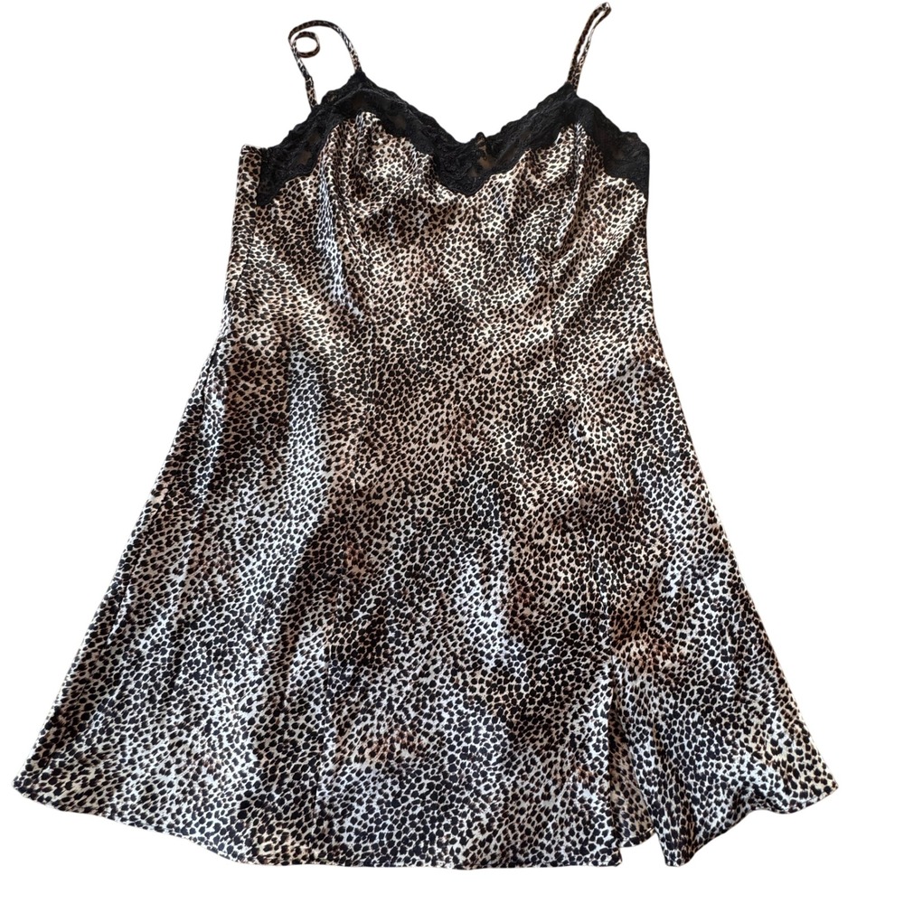 Y2K Intimate Essentials Leopard Print Silky Slip Dress Size M Lace Trim Satin